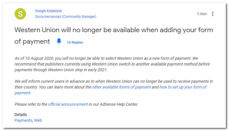 Google adsense ngừng thanh toán qua western union từ tháng 1/2021