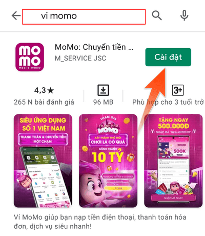 Tìm ứng dụng ví MoMo cho Android trên CH Play